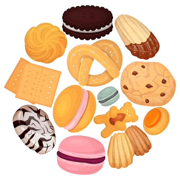 Galletas patrón de pastelería ilustración vector plano. Dulzura rosquilla galleta, deliciosa golosina, diseño para dulces — Archivo Imágenes Vectoriales