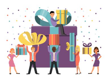 Hediye kutusu mevcut, beyaz, düz vektör illüstrasyonunda izole edilmiş küçük karakterli kadın. Uluslararası insan hatırası paketleme kutusu.