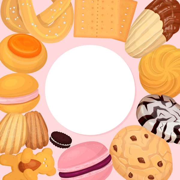 Печенье кондитерская картина плоский векторный рисунок. Пончик из сладкого печенья, вкусное сладкое угощение, дизайн для конфет — стоковый вектор