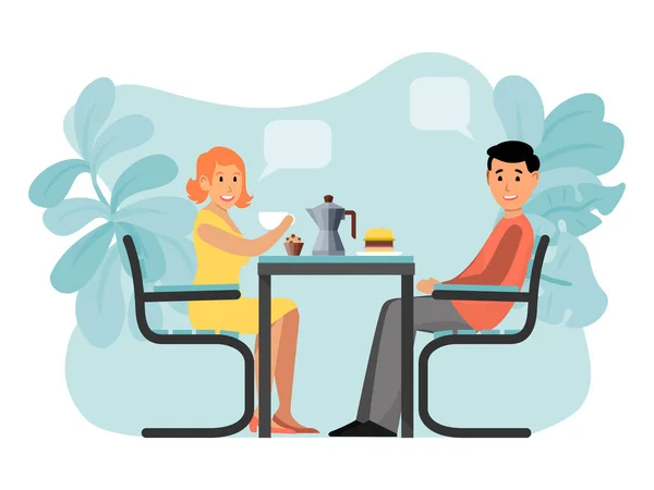 Pareja romántica encantadora reunión, carácter masculino hembra sentada café casa aislado en blanco, plano vector ilustración . — Vector de stock