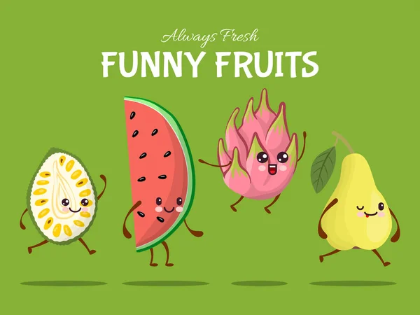 Funny fruit character jump walk, tropical food leap flat vector illustration. Watermelon, pear, dragon fruit and durian asia dish. — Stock Vector