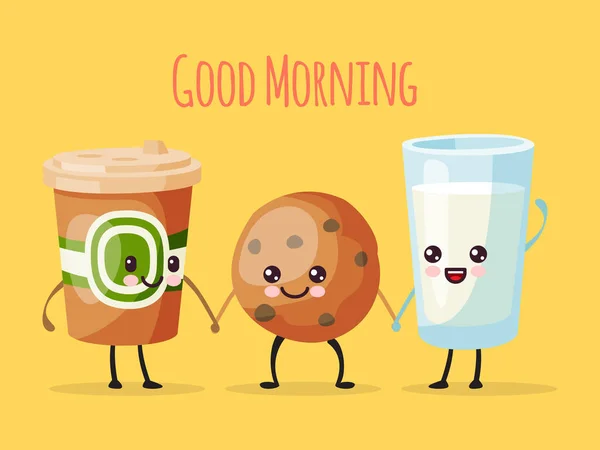 Καλημέρα αστείο χαρακτήρα κινουμένων σχεδίων, φλιτζάνι καφέ τσάι, γλυκό μπισκότο μπισκότο και το γάλα γυαλί διάνυσμα εικονογράφηση. Ζωγραφισμένο χαρούμενο άτομο. — Διανυσματικό Αρχείο