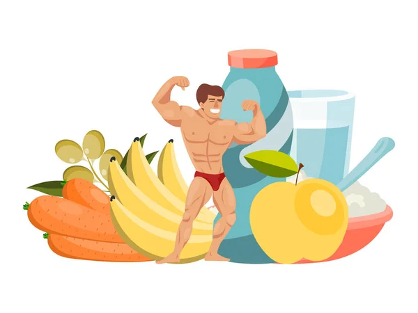 Beefy férfi sportos építeni karakter személy egészséges gyümölcs növényi élelmiszer elszigetelt fehér, lapos vektor illusztráció. Sportos megfelelő táplálkozás. — Stock Vector