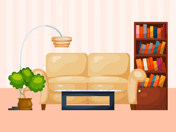Sala de estar concepto interior, acogedor lugar cámara plana vector ilustración. Relájese en el sofá sofá, libro armario y mesa, lámpara de pie . — Vector de stock