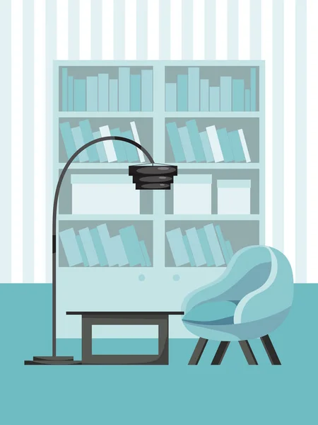 Sala de estar concepto interior, acogedor lugar cámara plana vector ilustración. Relájese en el sofá sofá, libro armario y mesa, lámpara de pie . — Vector de stock