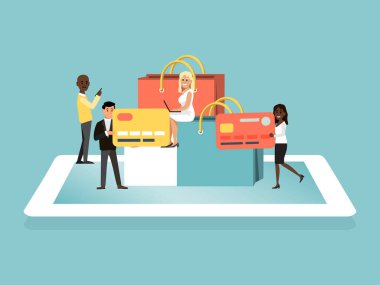 Çevrimiçi alışveriş, bankacılık kartı internet alımı, küçük karakterler kadın erkek aletleri ürün almak için kullanıyor, düz vektör illüstrasyonu.