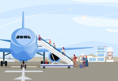 People boarding airplane, passengers walking up ramp, plane on airport runway, vector illustration clipart