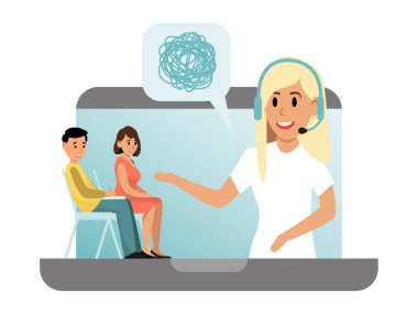 Çevrimiçi psikoloji doktoru randevusu, beyaz, düz vektör illüstrasyonunda izole edilmiş aile psikologu doktoru. Karakter zihinsel yardım alır.