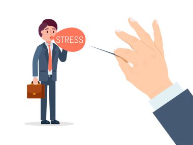 Stres altındaki iş adamı karakteri, el ele tutuşan balon beyaz, düz vektör çiziminde izole edilmiş. Ofis çalışanı evrak çantasıyla duruyor..