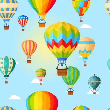 Renkli hava balonu, şablon, seyahat, boş zaman ve eğlence için hava taşımacılığı, tasarım, düz stil illüstrasyon.