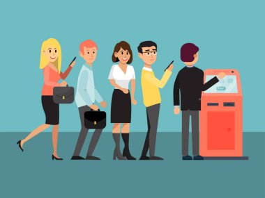 ATM kuyruğu, bankamatik para dağıtımı, ödeme hizmetleri, nakit çekme servisi, tasarım, karikatür tarzı vektör çizimi.