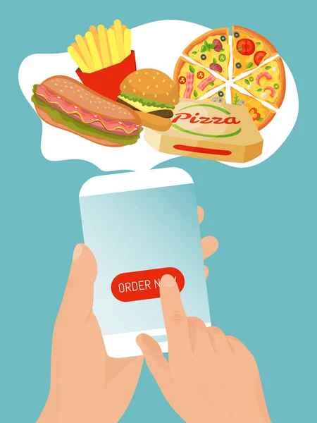 Pedido de comida rápida en línea, productos alimenticios de compras por Internet, ilustración de vectores planos de teléfonos móviles de mano. Moderno distanciamiento social . — Vector de stock