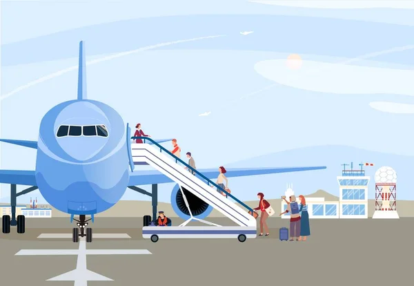 People boarding airplane, passengers walking up ramp, plane on airport runway, vector illustration — Stock Vector