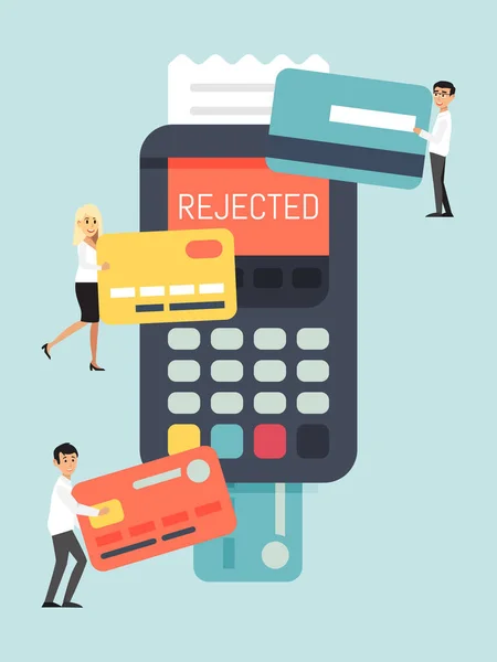 拒否されたオンラインカード、リモート支払いシステム、小さな文字の人は青、フラットベクトルイラストに隔離された銀行ターミナルを支払う. — ストックベクタ