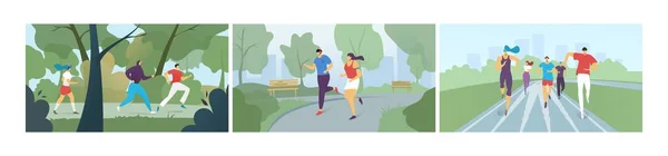 Běh lidí maraton, jogging, sportovní cvičení, soutěž soubor ploché vektorové ilustrace bannery, běžci v parku. — Stockový vektor