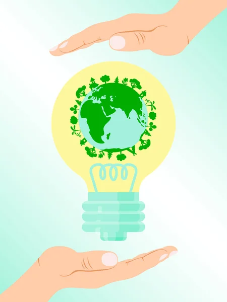 Risparmia energia terrestre, le persone tengono la lampadina con l'illustrazione vettoriale della terra verde. Moderna fonte di energia ecologica, forza di terra verde . — Vettoriale Stock