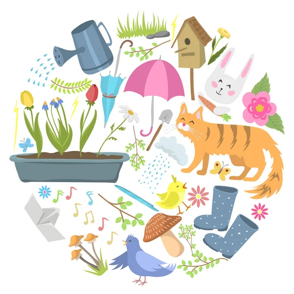 Våren tid runt mönster platt vektor illustration. Första varma dagen, parkera utomhus område, blommande växt och påsk hare. försommarväder. — Stock vektor