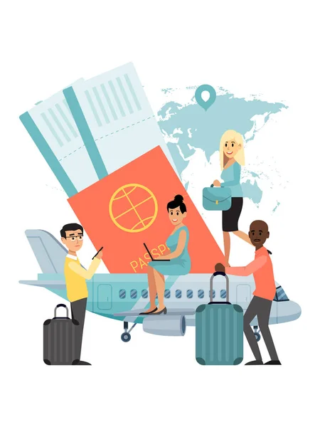 Concepto de viaje pequeño personaje sentarse en los aviones, pasaporte aislado en blanco, ilustración vectorial plana. Gente viaje avión alrededor del mundo . — Vector de stock