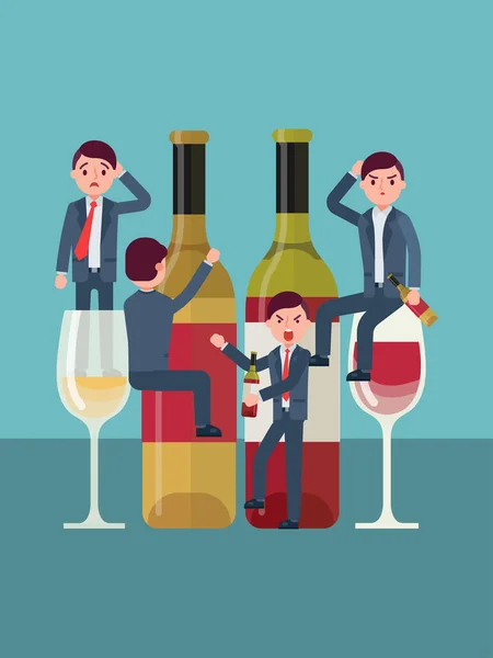 Alcoholverslaving, mensen misbruiken geest, de mens is een alcoholist, probleem alcoholisme, design, cartoon stijl vector illustratie. — Stockvector