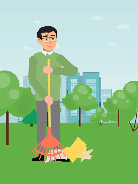 Voluntary people character male clean up outdoor park flat vector illustration. Volunteer assistant help tidy city national garden. — Stock Vector