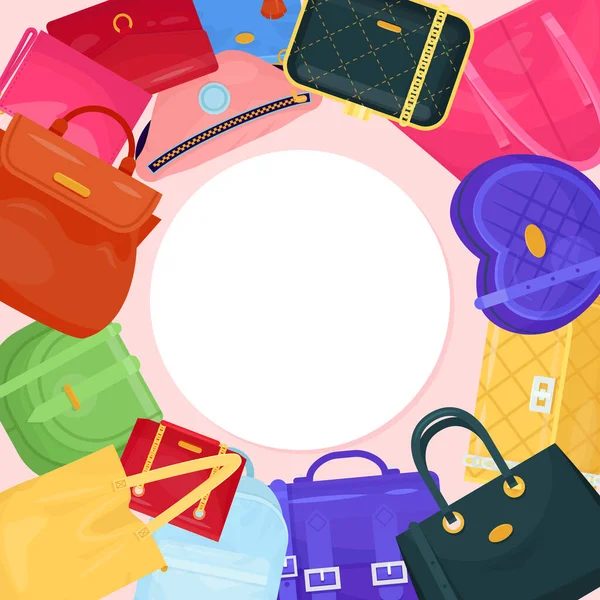 Mujer bolsa redonda icono concepto aislado en blanco, ilustración vectorial plana. Mujer diferente asa retícula, viaje y caso de niña todos los días . — Archivo Imágenes Vectoriales