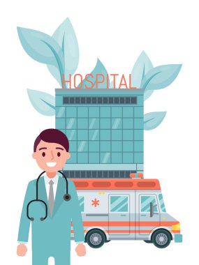 Erkek karakter profesyonel doktor hastane binasında kalıyor, ambulans aracı beyaz, düz vektör illüstrasyonunda izole ediliyor.