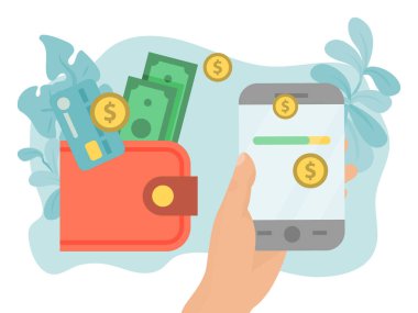 El bilgisayarı cep telefonu cihazı, online para transferi akıllı telefon uygulaması beyaz, düz vektör illüstrasyonunda izole edilmiş. Banka sistemi iletimi.