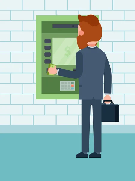 Hombre de negocios retiró la cantidad en efectivo de la tarjeta de crédito, personaje masculino recarga cuenta de moneda cajero automático aislado en blanco, ilustración de vector plano . — Archivo Imágenes Vectoriales