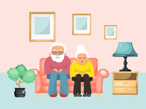 古いカップル美しい男性の女性がソファに座って、年齢の家族の夜のコンセプトは、フラットベクトルイラストをリラックス。居心地の良い部屋のデザイン. — ストックベクタ