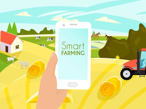 Male hand hold smartphone mobile phone, modern online farming concept flat vector illustration. Farm field landscape pasture household livestock. — Stock Vector