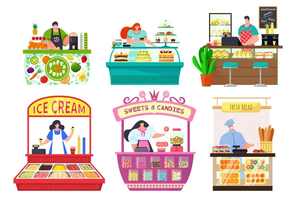 Obchody s potravinami soubor plochých izolovaných vektorových ilustrací, pouliční prodejna stánek a farmářský trh stánky s potravinami, vozíky s cukrovinkami, chléb. — Stockový vektor