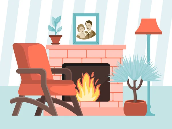 Σχεδιασμός ζεστό σύγχρονο τζάκι, έπιπλα πολυθρόνα σπίτι γλάστρα και οικογενειακή φωτογραφία επίπεδη διανυσματική απεικόνιση. Εστία ανοιχτή φωτιά κοντά στο φανό δαπέδου. — Διανυσματικό Αρχείο