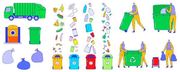 Recogida del servicio de basura, papelera, separación de residuos, eliminación de basura, el conserje establece iconos aislados en ilustraciones de vectores blancos . — Archivo Imágenes Vectoriales