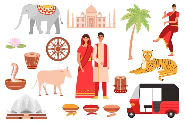 インド、インド文化のシンボル、仏教、観光オブジェクトと国の食品、建築やベクトルイラストの人々の分離セットで旅行セット. — ストックベクタ