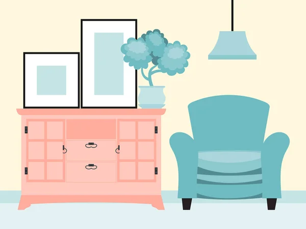 Diseño decoración interior de la habitación del hogar, blando sillón de pie cámara gabinete de ropa plana vector ilustración. Inicio hoja maceta . — Archivo Imágenes Vectoriales
