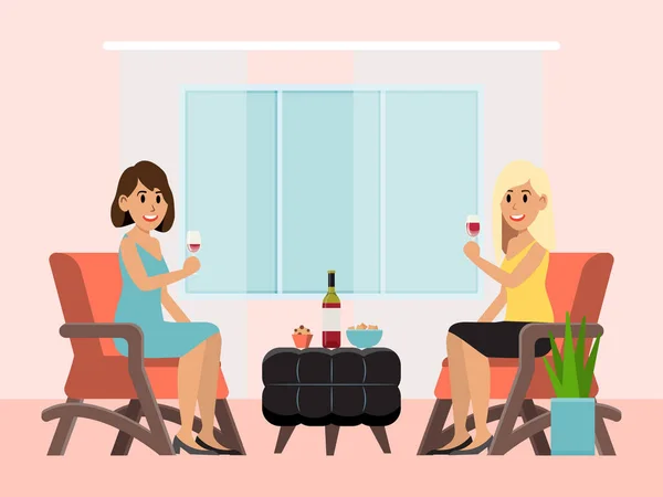Kobieta postać trzymać kieliszek wina, kobieta siedzi restauracja rozmawiać przyjazny rozmowa pić alkohol płaski wektor ilustracja. — Wektor stockowy