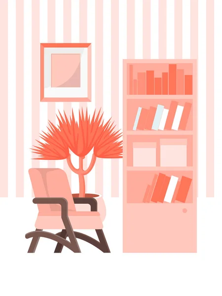 舒适的室内设计,家庭图书馆概念空间,红色平面矢量图解.选择不同书籍的书柜，网络海报. — 图库矢量图片