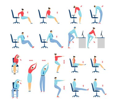 Ofis esneme egzersizleri insanlar izole vektör illüstrasyon, iş adamı ve kadın koltuk çalışma ve fitness seti.
