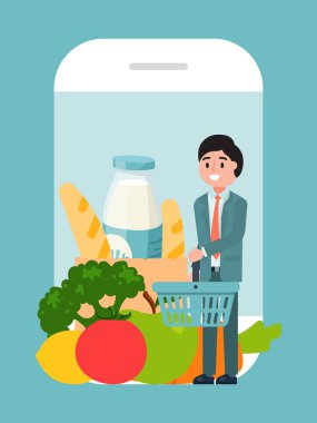 Çevrimiçi market yemek servisi, neşeli karakterli erkek süpermarket sepeti düz vektör çizimi. İş lüks sağlık gıda malzemeleri..
