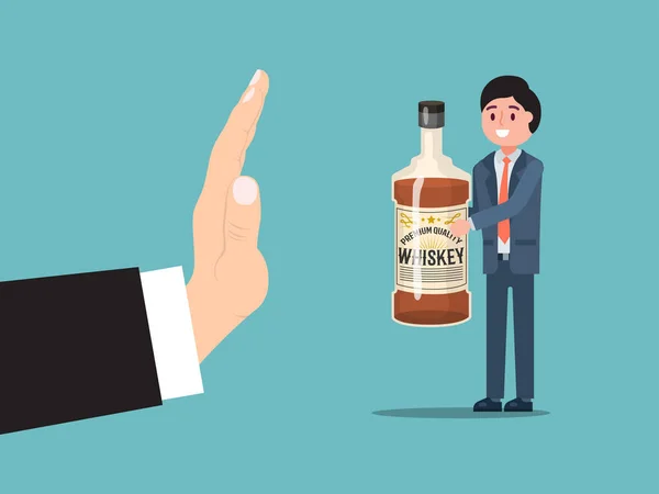 Mužské gesto zastavit konzumaci alkoholu, muž opilý charakter držet láhev whisky izolované na modré, ploché vektorové ilustrace. — Stockový vektor