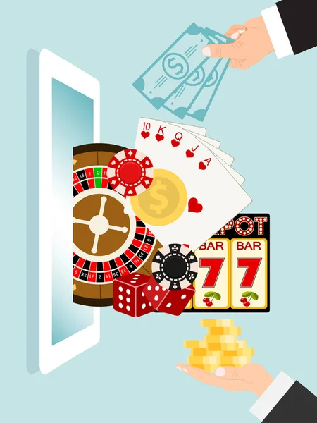 Online-spel, person mänsklig hand hålla spela kort guld mynt och casino chip platt vektor illustration. Game chans förlora pengar. — Stock vektor