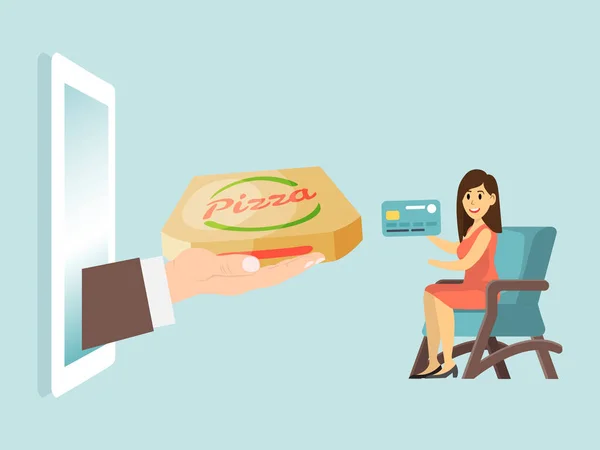Kvinna karaktär inställning hem fåtölj, online leverans snabbmat service platt vektor illustration. Manlig hand hålla italiensk pizza. — Stock vektor