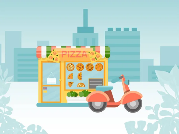 Kiosque de rue urbaine pizzeria italienne, boutique lieu de livraison rapide par illustration vectorielle plat moto. Fast food entreprise rue . — Image vectorielle