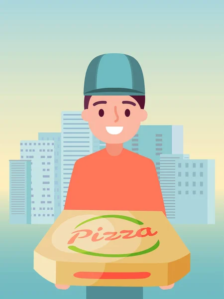 Mężczyzna dostawy żywności, człowiek dostawca charakter trzymać pizzę płaski wektor ilustracji. Młoda osoba w firmie czapka praca włoska pizzeria. — Wektor stockowy