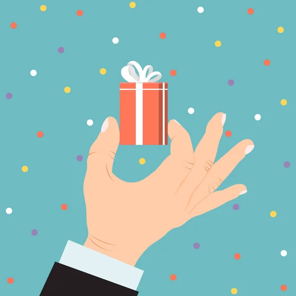 Ανδρική επιχείρηση χέρι κρατήσει δώρο κουτί, χριστουγεννιάτικο σουβενίρ που απομονώνονται σε μπλε επίπεδη διανυσματική απεικόνιση. Αντίληψη κομφετί διακοπών. — Διανυσματικό Αρχείο