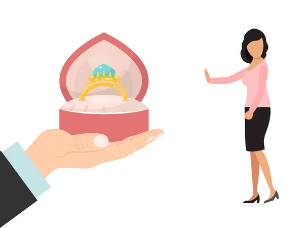 Macho mão segurar anel de casamento caixa vermelha, personagem feminina dizer nenhuma proposta de noivado isolado em branco, ilustração vetorial plana . —  Vetores de Stock
