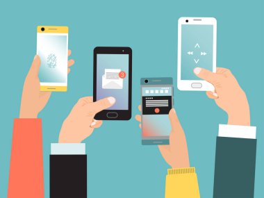 Kavramsal el telefonu, akıllı telefonla modern iletişim hayatı mavi, düz vektör illüstrasyonunda izole edilmiş. Çevrimiçi sanal teknoloji telefonu.
