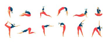 Esneme egzersizleri, izole vektör illüstrasyonları, erkek ve kadın spor ve uygunluk setleri.