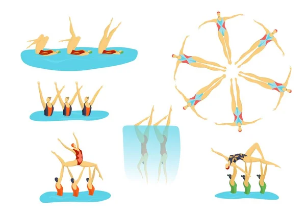 Kvinnliga idrottare synkroniserade simning i grupp, simmare flickor sport uppsättning isolerade vektor illustrationer. — Stock vektor