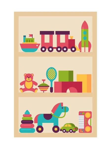 服装童装玩具,玩具架隔离在白色扁平的病媒图解上.婴儿用品马，泰迪熊彩色立方体火箭火车小艇. — 图库矢量图片
